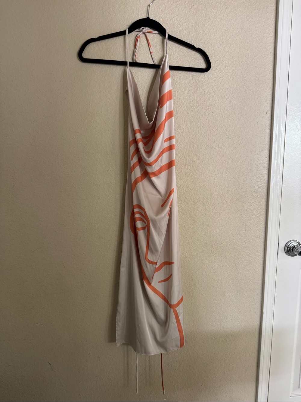 Beige Halter Midi Dress with Orange Graphic Print